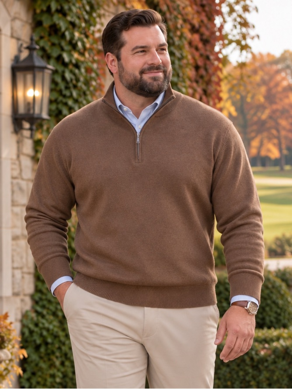 Merino Wool 1/4 Zip Sweater Men 3XL Brown Minimalist Preppy Quiet Luxury Casual
